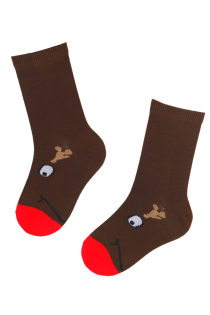 Детские хлопковые носки коричневого цвета с изображением милой мордочки рождественского северного оленёнка RUDOLF | Sokisahtel