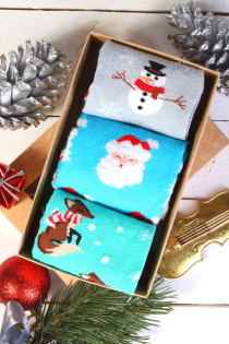 Праздничный подарочный набор из 3 пар весёлых и сказочных хлопковых носков в зимней тематике для мужчин и женщин SNOW FUN | Sokisahtel