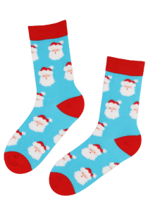 Хлопковые носки синего цвета с изображением весёлого Деда Мороза с красным колпаком SANTA | Sokisahtel
