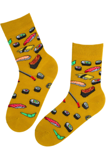 Горчично-жёлтые хлопковые носки с узором суши SASHIMI | Sokisahtel