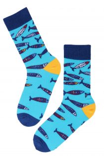 Хлопковые носки синего цвета с рисунком в виде рыб для мужчин и женщин SEAPARTY | Sokisahtel