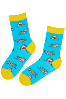 Хлопковые носки синего цвета с рисунком в виде улыбающихся мультяшных акул SHARKBOY | Sokisahtel