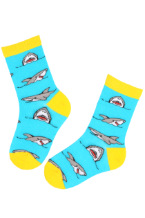 Детские хлопковые носки синего цвета с рисунком в виде улыбающихся мультяшных акул SHARKBOY | Sokisahtel