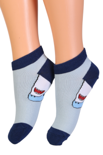 Детские хлопковые укороченные (спортивные) носки голубого цвета с изображением смешных акул SHARK | Sokisahtel