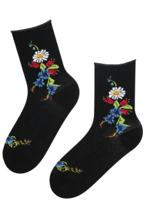 Black cotton socks featuring colorful floral and insect patterns. They are mid-calf in length.
