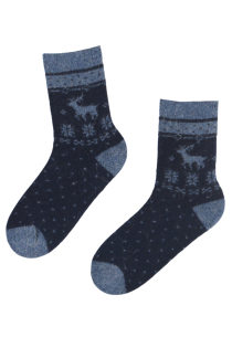 Женские тёплые шерстяные носки синего цвета с жаккардовым узором в зимних мотивах SNOWFALL | Sokisahtel