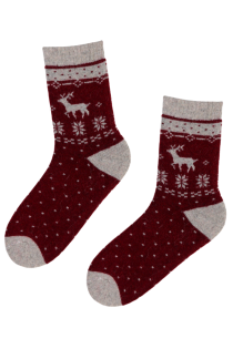 Женские тёплые шерстяные носки красного цвета с жаккардовым узором в зимних мотивах SNOWFALL | Sokisahtel
