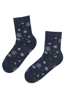 Женские тёплые шерстяные носки тёмно-синего цвета с изображением звёздочек и снежинок SNOWY | Sokisahtel