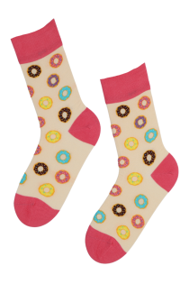 Хлопковые носки бежевого цвета с изображением ярких пончиков COLORFUL DONUTS (разноцветные пончики) | Sokisahtel