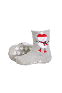 Хлопковые противоскользящие носки серого цвета для малышей с изображением снеговика MARLEY | Sokisahtel