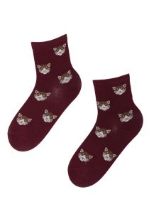 Женские хлопковые носки бордового цвета с изображением милых тигриных мордочек RAIDI (тигр) | Sokisahtel