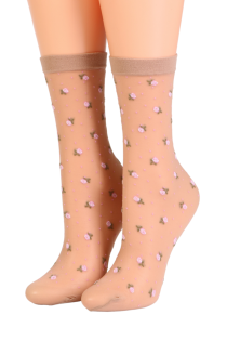 Женские тонкие фантазийные носки бежевого цвета с цветочным узором фиолетового оттенка BRITNEY | Sokisahtel