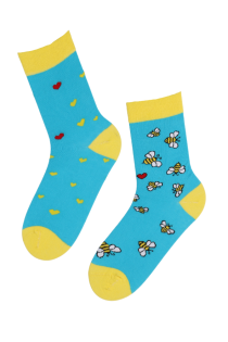 Хлопковые носки сине-желтого цвета с изображением пчёл и сердечек BUZZ | Sokisahtel