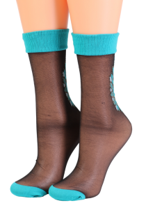 Женские тонкие фантазийные носки черного цвета с блестящим узором бирюзового цвета DALILA | Sokisahtel