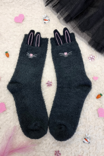 Женские теплые пушистые носки темно-серого цвета с изображением зайчика FUNNY BUNNY | Sokisahtel