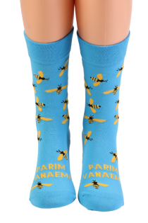 Женские хлопковые носки голубого цвета с яркими пчёлками ко Дню Матери PARIM VANAEMA | Sokisahtel