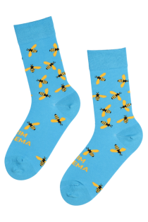 Женские хлопковые носки голубого цвета с яркими пчёлками ко Дню Матери PARIM VANAEMA | Sokisahtel