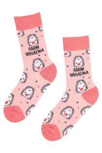 Женские хлопковые носки розового цвета с милыми ёжиками ко Дню Матери PARIM VANAEMA | Sokisahtel