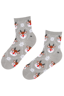 Хлопковые блестящие носки серебристого цвета с изображением милого северного оленёнка в зимних мотивах COMET | Sokisahtel