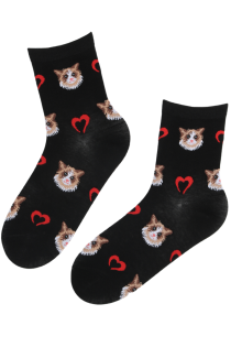 Хлопковые носки чёрного цвета с узором в виде сердец и кошачьих мордочек STEFANO | Sokisahtel