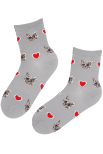 Хлопковые носки серого цвета с узором в виде сердец и кошачьих мордочек STEFANO | Sokisahtel