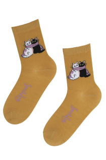 SWEET LOVE yellow cotton socks with cats for women | Sokisahtel