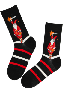 Men's black Christmas socks featuring an elf design and red-black stripes