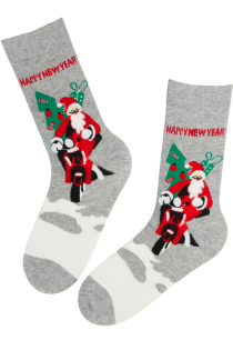 Grey men's Christmas socks decorated with Santa Claus and 'Happy New Year' text.