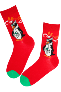 Red Christmas socks with a penguin, green heel and toe.