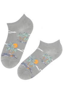 Хлопковые укороченные (спортивные) носки серого цвета с пальмовыми островами TROOPIKA | Sokisahtel