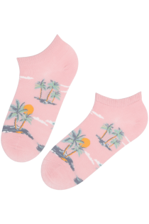 Хлопковые укороченные (спортивные) носки розового цвета с пальмовыми островами TROOPIKA | Sokisahtel