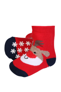 Хлопковые нескользящие носки красного цвета с изображением оленей для малышей TRUDI | Sokisahtel