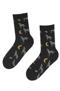 Носки тёмно-серого цвета из мериносовой шерсти с изображением волков и полумесяцев WOLFSTAR | Sokisahtel