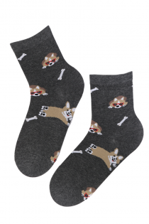Женские хлопковые носки темно-серого цвета с изображением милых собачек и косточек WOOF | Sokisahtel