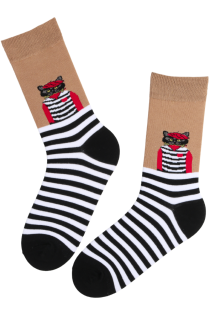 Хлопковые носки чёрного цвета с котами и полосатым узором WATSON | Sokisahtel