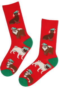 Хлопковые носки красного цвета в рождественской тематике с милыми собачками YULE | Sokisahtel