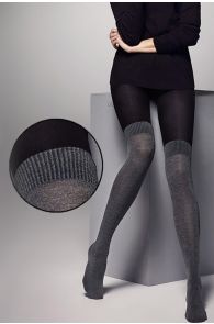 Women's black over-the-knee tights with mock sock effect, soft and comfortable appearance.