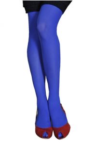 Bright cobalt blue tights reaching above the knee.