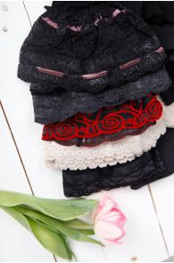 The image displays a mix of five pairs of women's stockings, varying in design and colors including black and red, some with lace detailing.