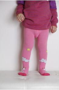 Pink tights for babies with unicorn and star decorations, appear soft and comfortable.