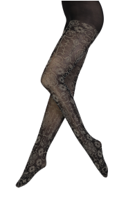 Amina floral patterned tights, black and grey, elegant design.