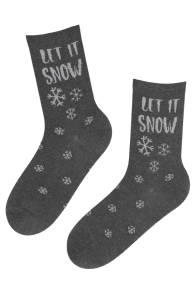Женские хлопковые носки серого цвета с изображением блестящих снежинок и надписью ANGEL | Sokisahtel