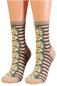 Фантазийные носки зелёного цвета с блеском, полосатым узором и цветами ASHLEY | Sokisahtel