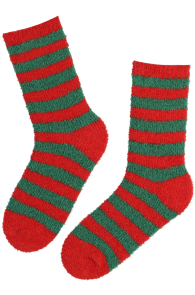 Red and green striped Christmas socks, appear warm and soft.