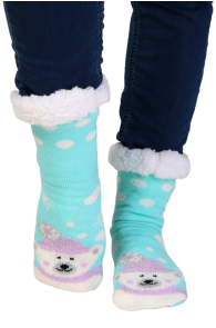Теплые домашние носки светло-бирюзового цвета с изображением белых медвежат в лавандовых шапочках и нескользящей подошвой BERGEN | Sokisahtel