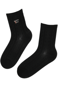 Хлопковые носки чёрного цвета с тканым плетёным узором BIBI | Sokisahtel