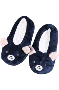 Dark blue soft slippers with bear designs. Comfortable and warm with a white lining.