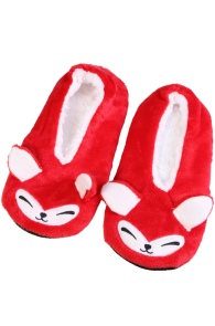 Soft red slippers featuring a sleeping cat face design.