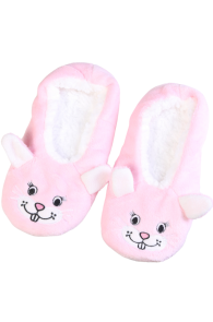 Light pink soft slippers designed with a bunny face on the front. The interior is white and fluffy, providing warmth and comfort.