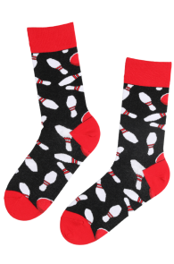 Хлопковые носки чёрно-красного цвета с узором из кеглей и шаров BOWLING | Sokisahtel